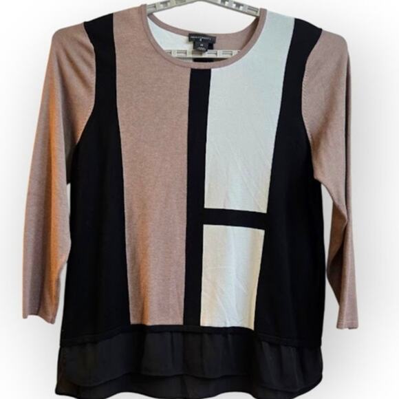 Investments II Women’s 2X Colorblock Long Sleeve Top Black Beige Tan - Picture 2 of 8